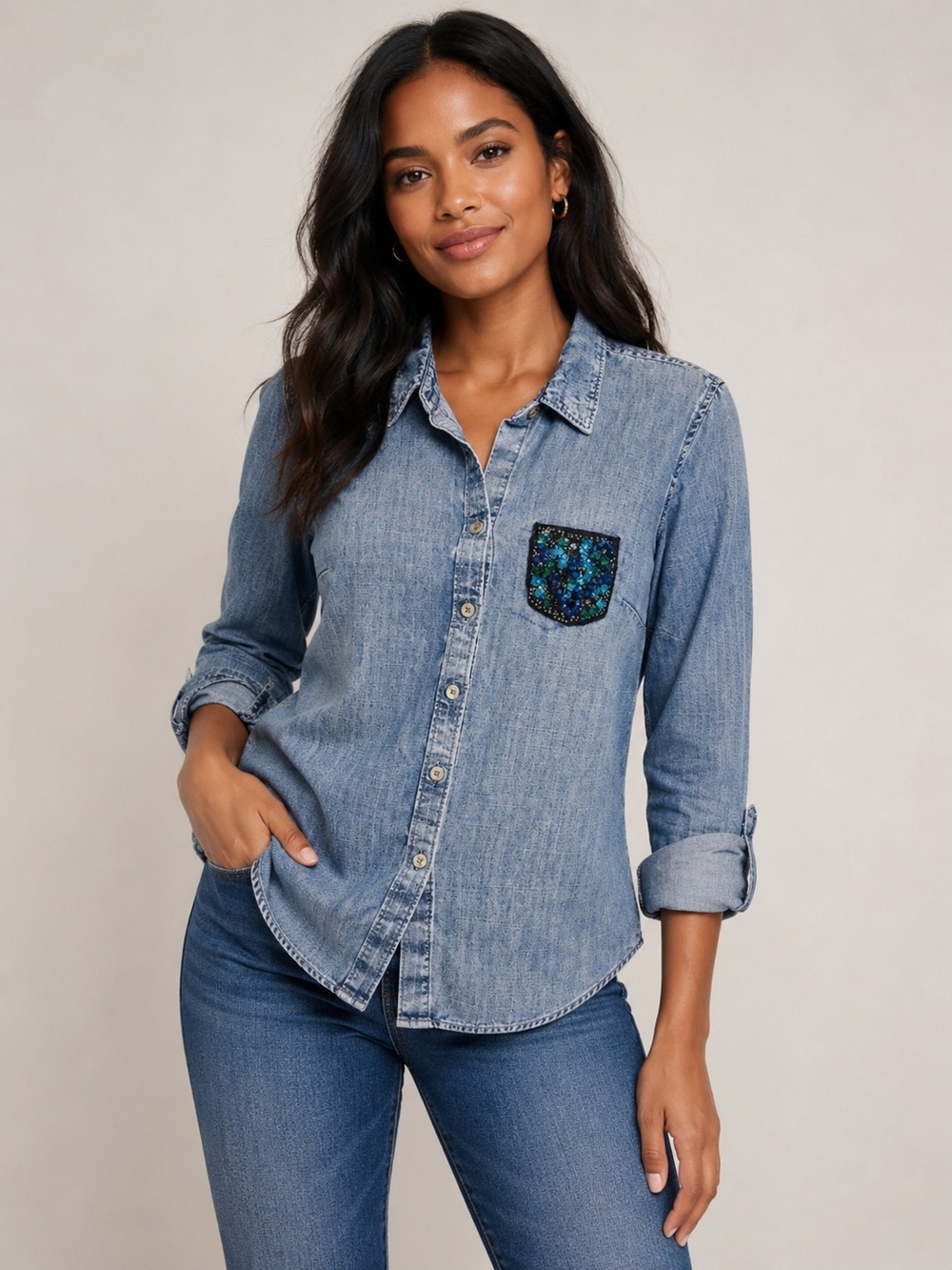 Crown & Ivy Women's‎ Light Wash Chambray Button-Down Shirt Size XS